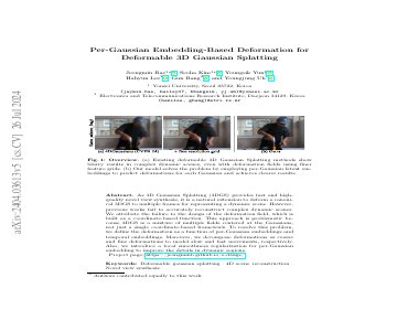 Paper thumbnail for Per-Gaussian Embedding-Based Deformation for Deformable 3D Gaussian Splatting