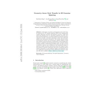 Paper thumbnail for Geometry-Aware Style Transfer in 3D Gaussian Splatting