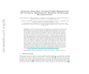 Paper thumbnail for Gaussian Pancakes: Geometrically-Regularized 3D Gaussian Splatting for Realistic Endoscopic Reconstruction