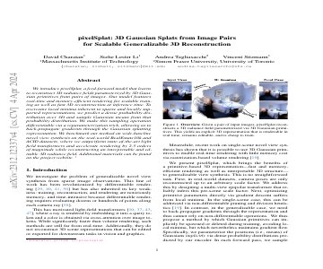 Paper thumbnail for pixelSplat: 3D Gaussian Splats from Image Pairs for Scalable Generalizable 3D Reconstruction