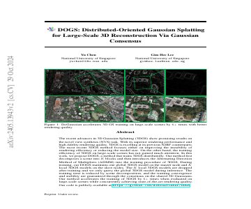 Paper thumbnail for DOGS: Distributed-Oriented Gaussian Splatting for Large-Scale 3D Reconstruction Via Gaussian Consensus