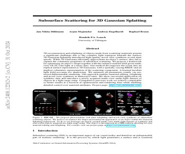 Paper thumbnail for Subsurface Scattering for 3D Gaussian Splatting