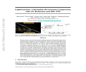 Paper thumbnail for LightGaussian: Unbounded 3D Gaussian Compression with 15x Reduction and 200+ FPS