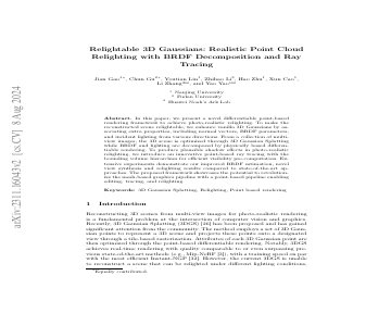 Paper thumbnail for Relightable 3D Gaussian: Real-time Point Cloud Relighting with BRDF Decomposition and Ray Tracing