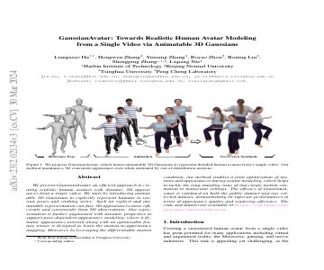 Paper thumbnail for GaussianAvatar: Towards Realistic Human Avatar Modeling from a Single Video via Animatable 3D Gaussians