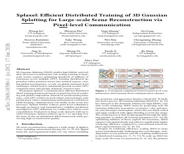 Paper thumbnail for Splaxel: Efficient Distributed Training of 3D Gaussian Splatting for Large-scale Scene Reconstruction via Pixel-level Communication