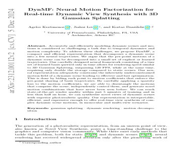 Paper thumbnail for DynMF: Neural Motion Factorization for Real-time Dynamic View Synthesis with 3D Gaussian Splatting