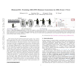Paper thumbnail for Human101: Training 100+FPS Human Gaussians in 100s from 1 View