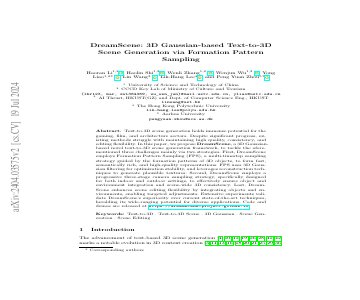 Paper thumbnail for DreamScene: 3D Gaussian-based Text-to-3D Scene Generation via Formation Pattern Sampling