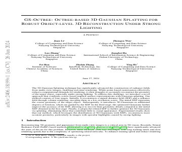Paper thumbnail for GS-Octree: Octree-based 3D Gaussian Splatting for Robust Object-level 3D Reconstruction Under Strong Lighting