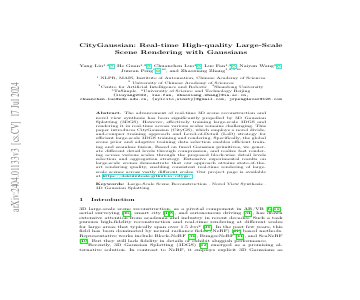 Paper thumbnail for CityGaussian: Real-time High-quality Large-Scale Scene Rendering with Gaussians