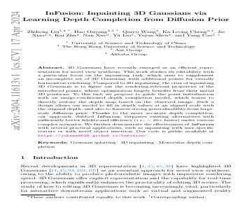 Paper thumbnail for InFusion: Inpainting 3D Gaussians via Learning Depth Completion from Diffusion Prior