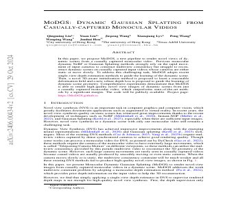 Paper thumbnail for MoDGS: Dynamic Gaussian Splatting from Causually-captured Monocular Videos