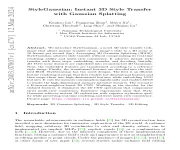 Paper thumbnail for StyleGaussian: Instant 3D Style Transfer with Gaussian Splatting