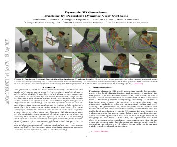 Paper thumbnail for Dynamic 3D Gaussians: Tracking by Persistent Dynamic View Synthesis