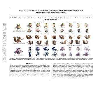 Paper thumbnail for  IM-3D: Iterative Multiview Diffusion and Reconstruction for High-Quality 3D Generation
