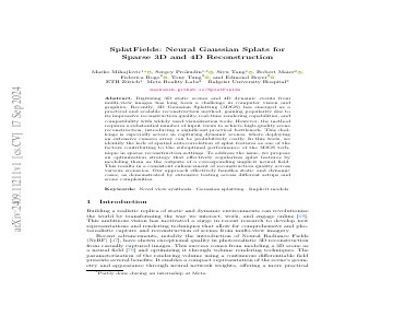 Paper thumbnail for SplatFields: Neural Gaussian Splats for Sparse 3D and 4D Reconstruction