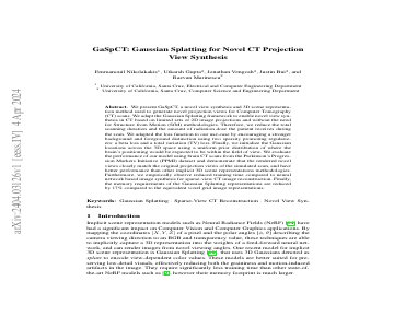 Paper thumbnail for GaSpCT: Gaussian Splatting for Novel CT Projection View Synthesis
