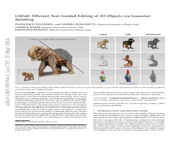 Paper thumbnail for GSEdit: Efficient Text-Guided Editing of 3D Objects via Gaussian Splatting
