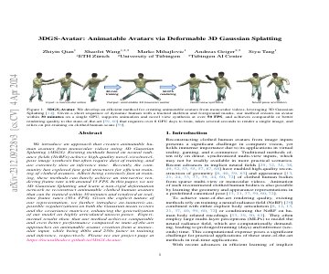 Paper thumbnail for 3DGS-Avatar: Animatable Avatars via Deformable 3D Gaussian Splatting