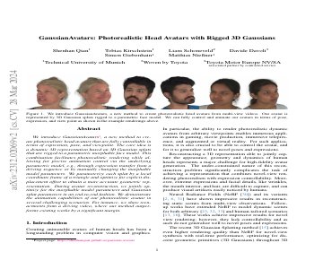 Paper thumbnail for GaussianAvatars: Photorealistic Head Avatars with Rigged 3D Gaussians