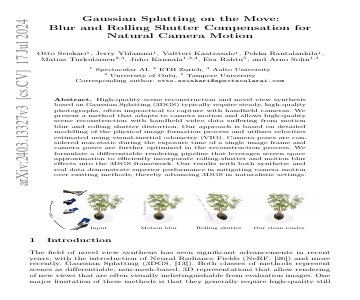Paper thumbnail for Gaussian Splatting on the Move: Blur and Rolling Shutter Compensation for Natural Camera Motion