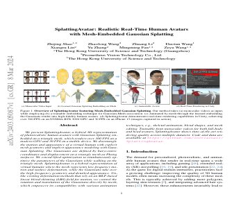 Paper thumbnail for SplattingAvatar: Realistic Real-Time Human Avatars with Mesh-Embedded Gaussian Splatting