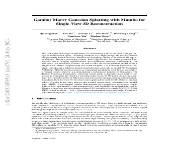 Paper thumbnail for Gamba: Marry Gaussian Splatting with Mamba for single view 3D reconstruction