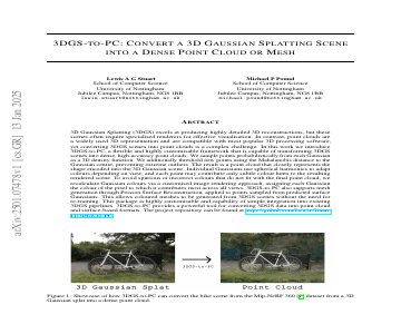 Paper thumbnail for 3DGS-to-PC: Convert a 3D Gaussian Splatting Scene into a Dense Point Cloud or Mesh