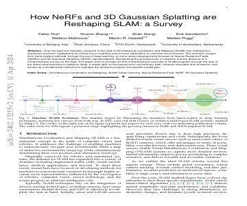 Paper thumbnail for How NeRFs and 3D Gaussian Splatting are Reshaping SLAM: a Survey