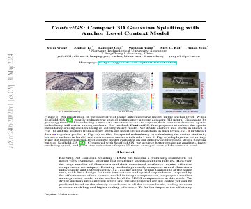 Paper thumbnail for ContextGS: Compact 3D Gaussian Splatting with Anchor Level Context Model