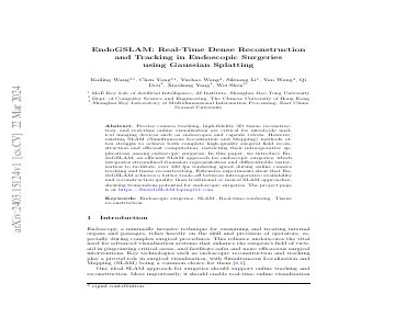 Paper thumbnail for EndoGSLAM: Real-Time Dense Reconstruction and Tracking in Endoscopic Surgeries using Gaussian Splatting