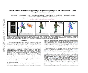 Paper thumbnail for GoMAvatar: Efficient Animatable Human Modeling from Monocular Video Using Gaussians-on-Mesh