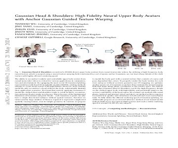 Paper thumbnail for Gaussian Head & Shoulders: High Fidelity Neural Upper Body Avatars with Anchor Gaussian Guided Texture Warping