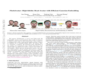 Paper thumbnail for FlashAvatar: High-fidelity Head Avatar with Efficient Gaussian Embedding