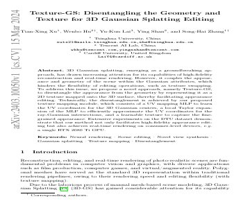 Paper thumbnail for Texture-GS: Disentangling the Geometry and Texture for 3D Gaussian Splatting Editing