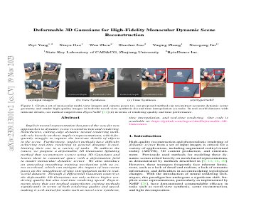 Paper thumbnail for Deformable 3D Gaussians for High-Fidelity Monocular Dynamic Scene Reconstruction