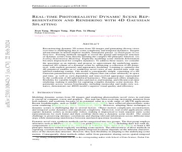 Paper thumbnail for Real-time Photorealistic Dynamic Scene Representation and Rendering with 4D Gaussian Splatting