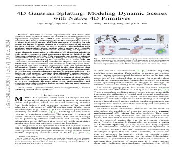 Paper thumbnail for 4D Gaussian Splatting: Modeling Dynamic Scenes with Native 4D Primitives