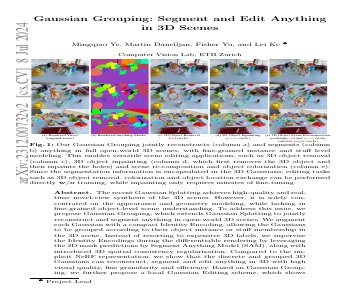 Paper thumbnail for Gaussian Grouping: Segment and Edit Anything in 3D Scenes