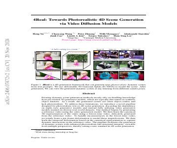 Paper thumbnail for 4Real: Towards Photorealistic 4D Scene Generation via Video Diffusion Models