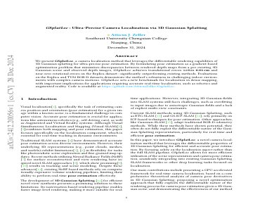 Paper thumbnail for GSplatLoc: Ultra-Precise Camera Localization via 3D Gaussian Splatting