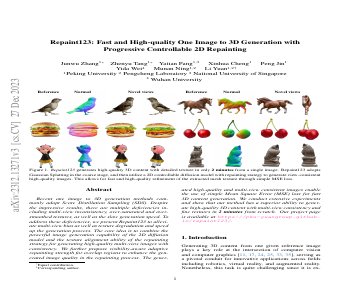 Paper thumbnail for Repaint123: Fast and High-quality One Image to 3D Generation with Progressive Controllable 2D Repainting