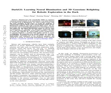 Paper thumbnail for DarkGS: Learning Neural Illumination and 3D Gaussians Relighting for Robotic Exploration in the Dark