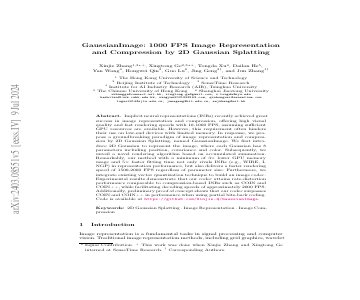 Paper thumbnail for GaussianImage: 1000 FPS Image Representation and Compression by 2D Gaussian Splatting
