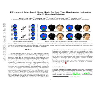 Paper thumbnail for PSAvatar: A Point-based Morphable Shape Model for Real-Time Head Avatar Creation with 3D Gaussian Splatting