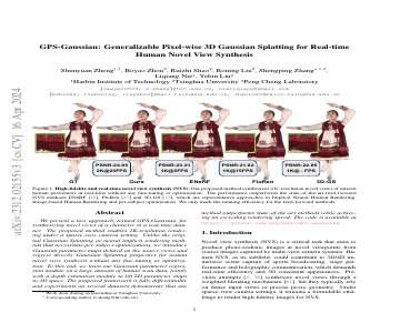 Paper thumbnail for GPS-Gaussian: Generalizable Pixel-wise 3D Gaussian Splatting for Real-time Human Novel View Synthesis