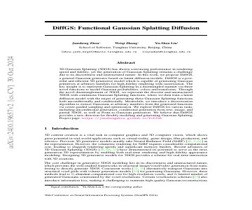 Paper thumbnail for DiffGS: Functional Gaussian Splatting Diffusion