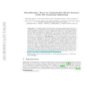 Paper thumbnail for HeadStudio: Text to Animatable Head Avatars with 3D Gaussian Splatting